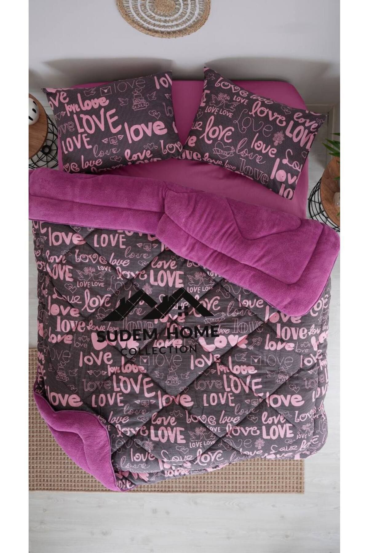 Welsoft Çift Kişilik Yorgan Seti Çift Taraflı Yorgan Takımı Peluş ve Kışlık Yorgan Mürdüm Love