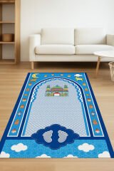 Dekoratif Dijital Baskılı Kaymaz Taban Eğitici Küçük Çocuk Seccade Namazlık Hediyelik 45x90cm Mavi