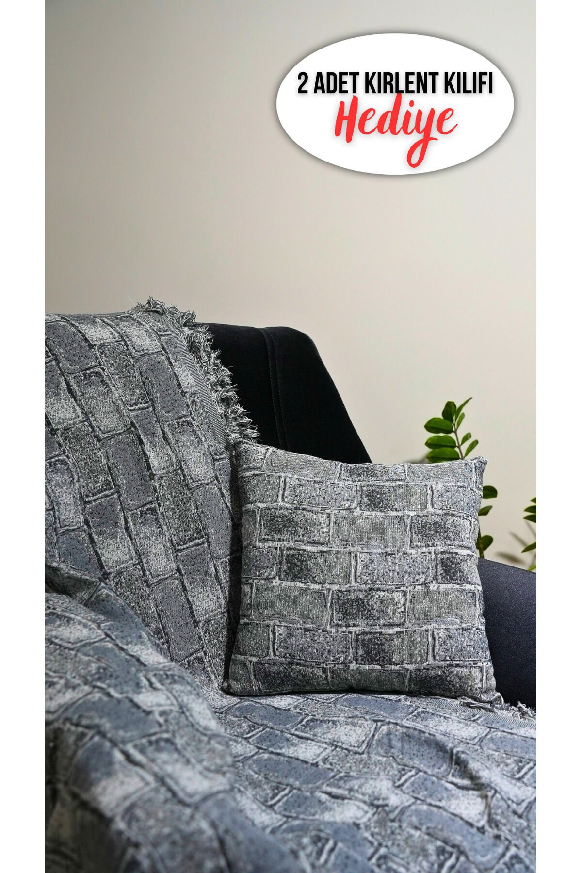 %100 Pamuklu Lüks Kaymaz Koltuk Örtüsü | Çok Amaçlı Örtü | 2 Adet 40x40 Cm Kırlent Kılıfı Gri