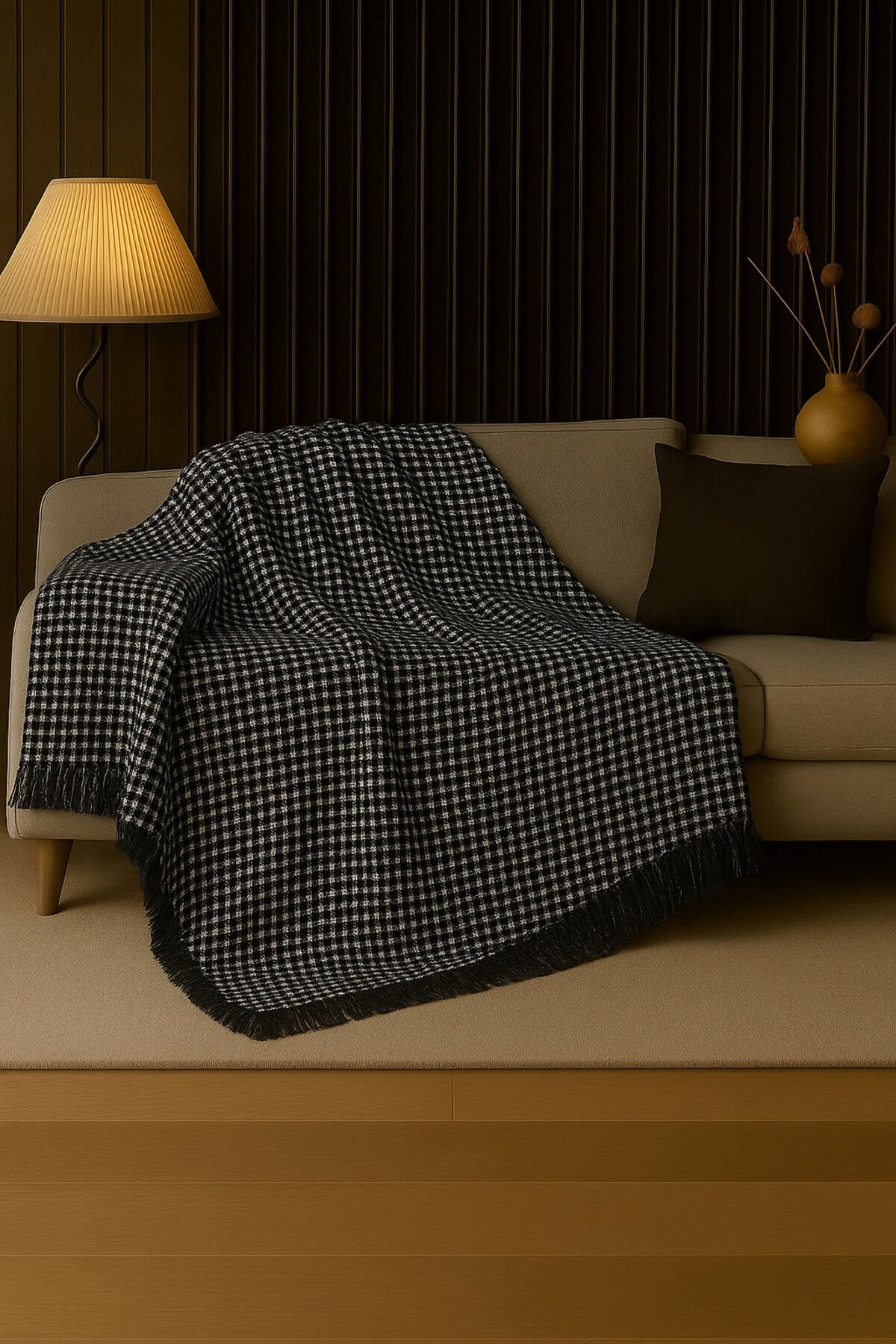 Pamuklu Dokulu Koltuk Şalı 170x220 cm – Saçaklı TV Battaniyesi & Dekoratif Koltuk Örtüsü Siyah