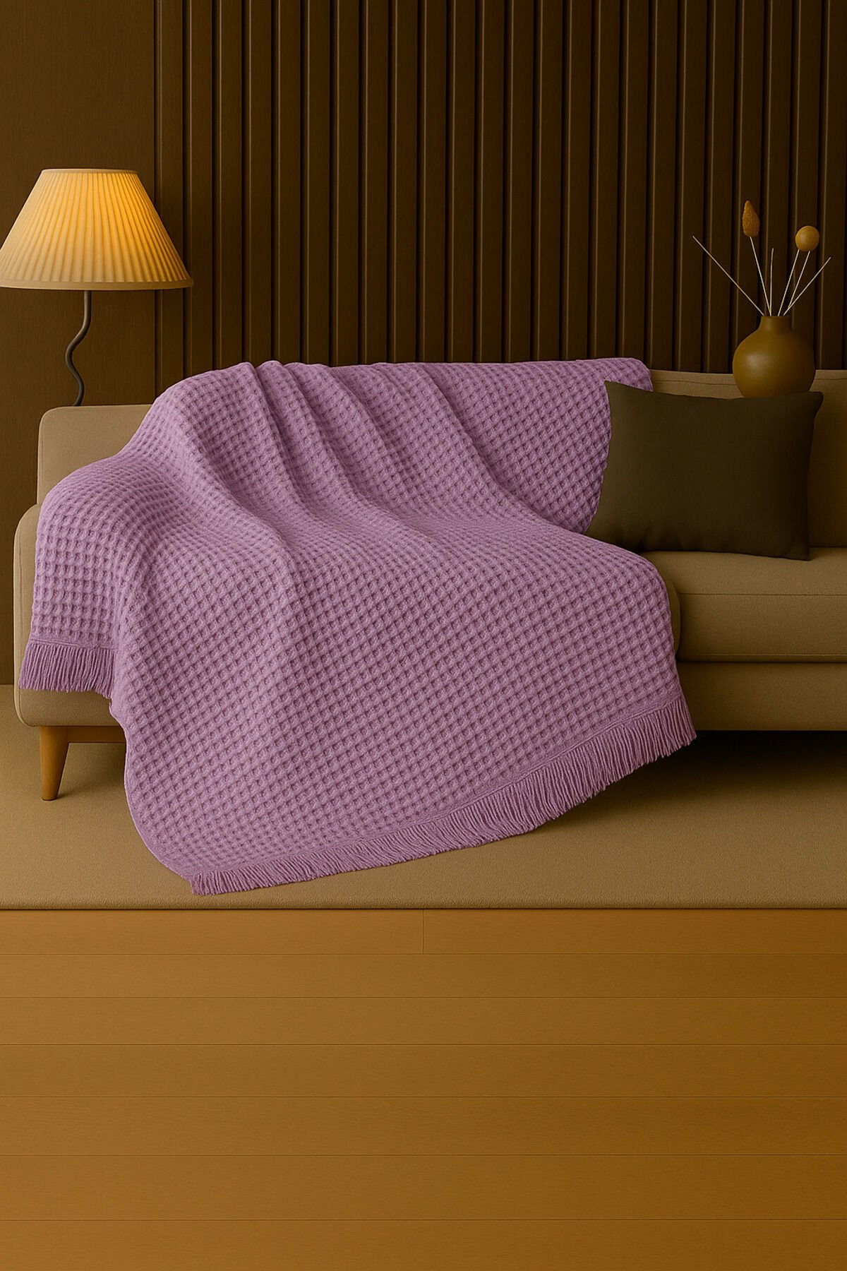 Pamuklu Dokulu Koltuk Şalı 170x220 cm – Saçaklı TV Battaniyesi & Dekoratif Koltuk Örtüsü Lila