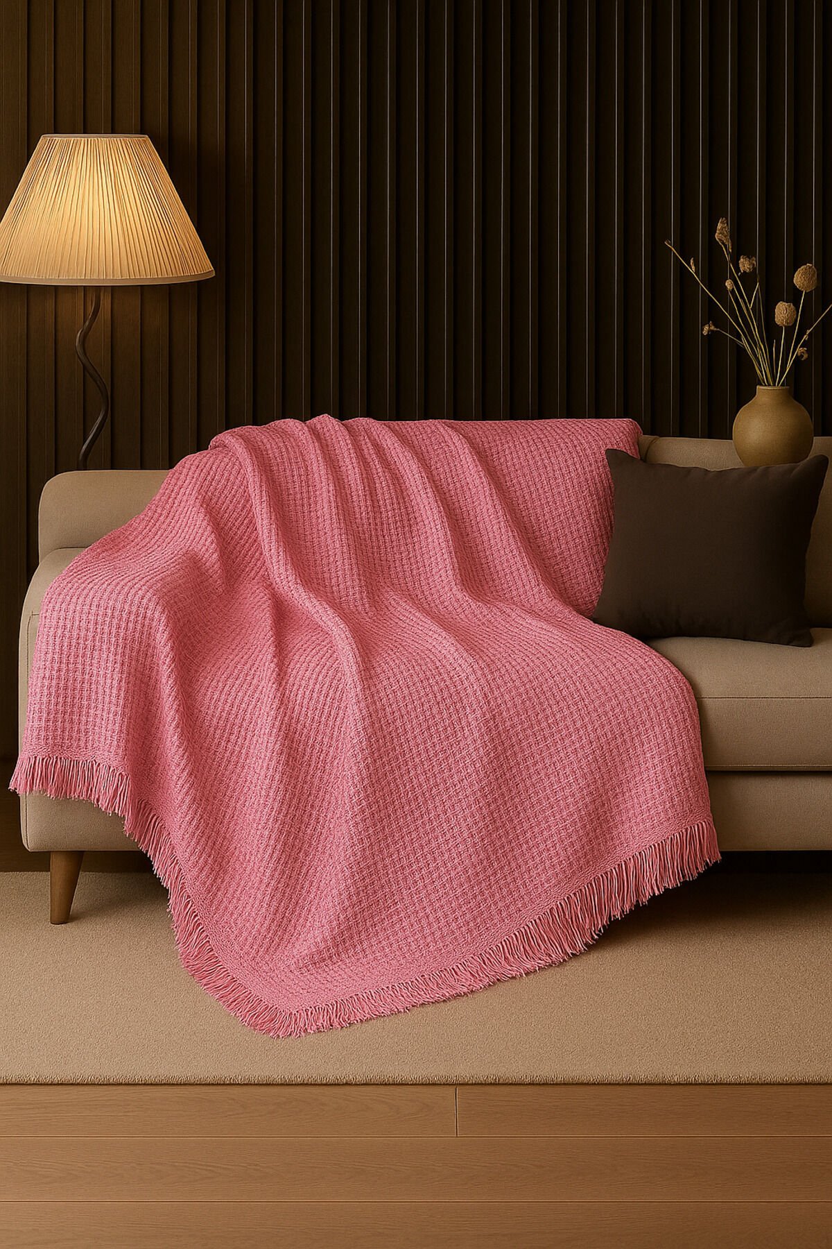 Pamuklu Dokulu Koltuk Şalı 170x220 cm – Saçaklı TV Battaniyesi & Dekoratif Koltuk Örtüsü Açık Pembe