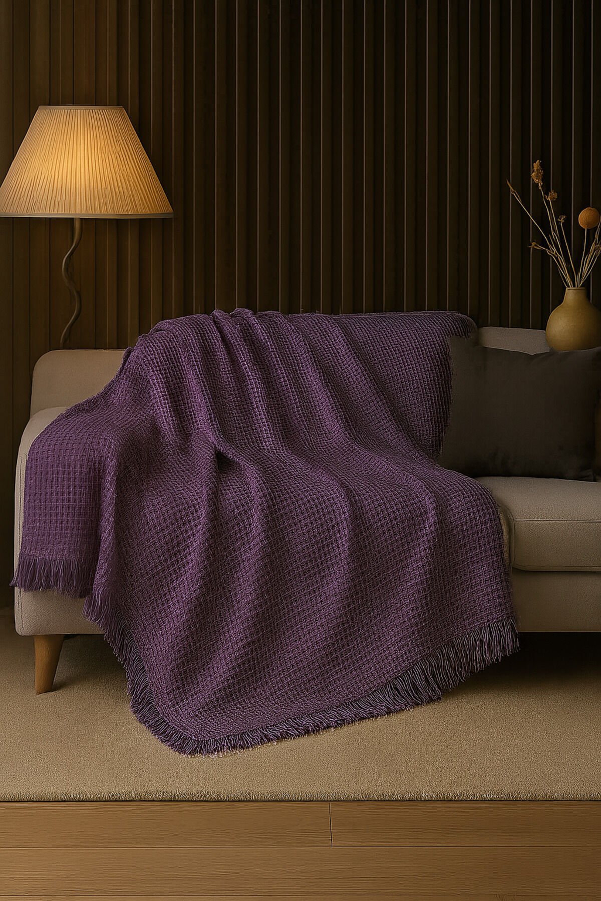 Pamuklu Dokulu Koltuk Şalı 170x220 cm – Saçaklı TV Battaniyesi & Dekoratif Koltuk Örtüsü Mor