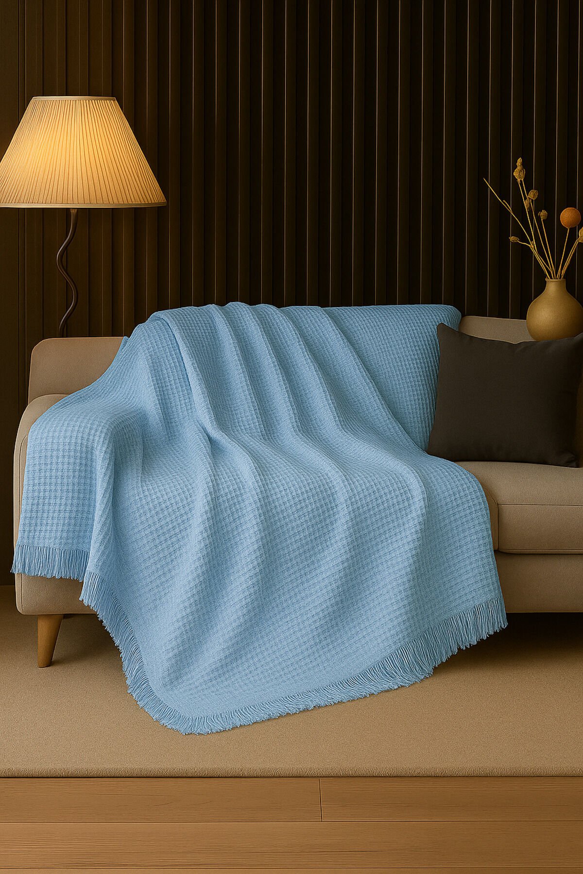 Pamuklu Dokulu Koltuk Şalı 170x220 cm – Saçaklı TV Battaniyesi & Dekoratif Koltuk Örtüsü Bebe Mavisi