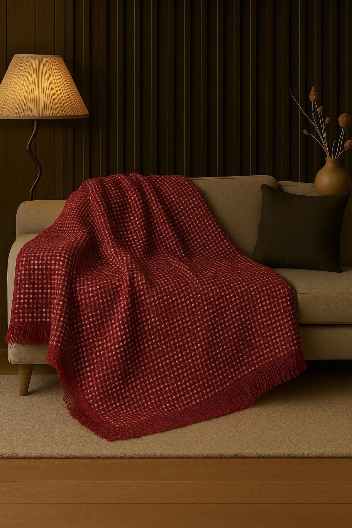 Pamuklu Dokulu Koltuk Şalı 170x220 cm – Saçaklı TV Battaniyesi & Dekoratif Koltuk Örtüsü Bordo