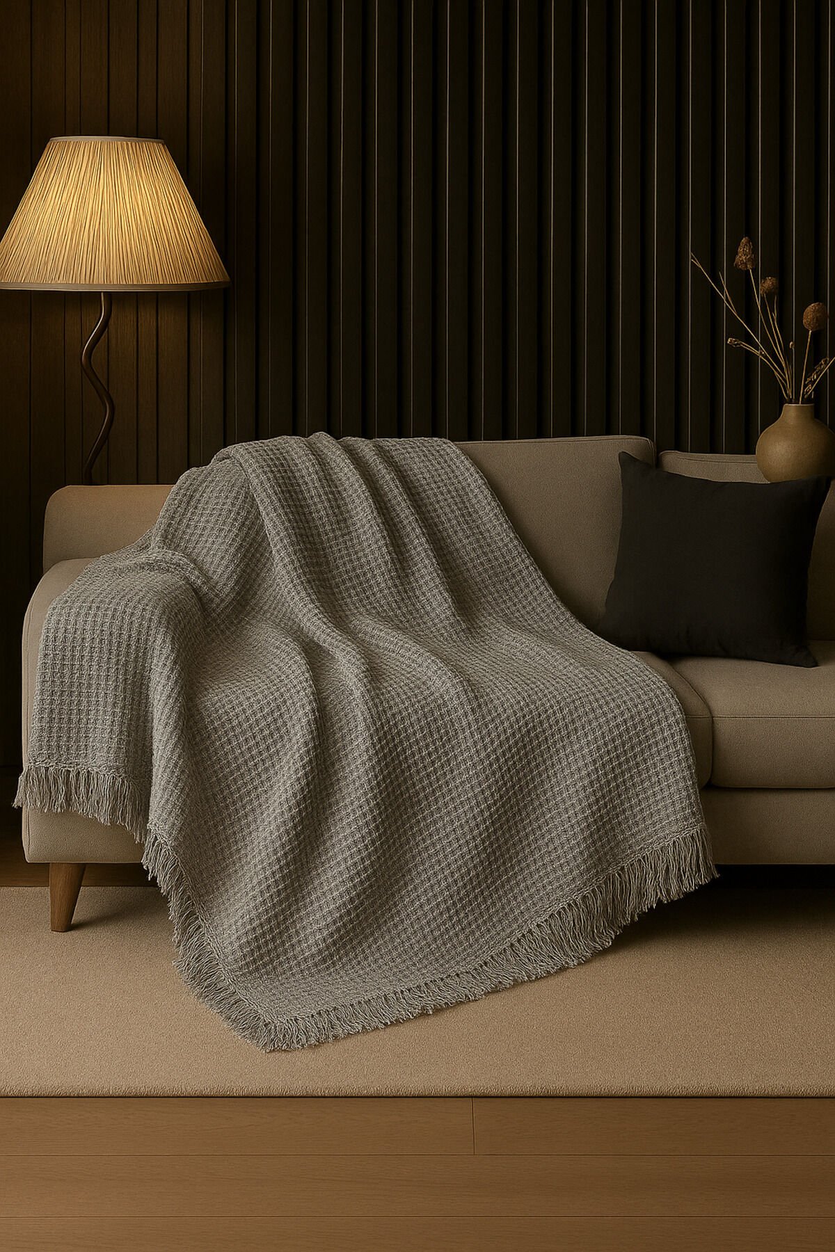 Pamuklu Dokulu Koltuk Şalı 170x220 cm – Saçaklı TV Battaniyesi & Dekoratif Koltuk Örtüsü Gri