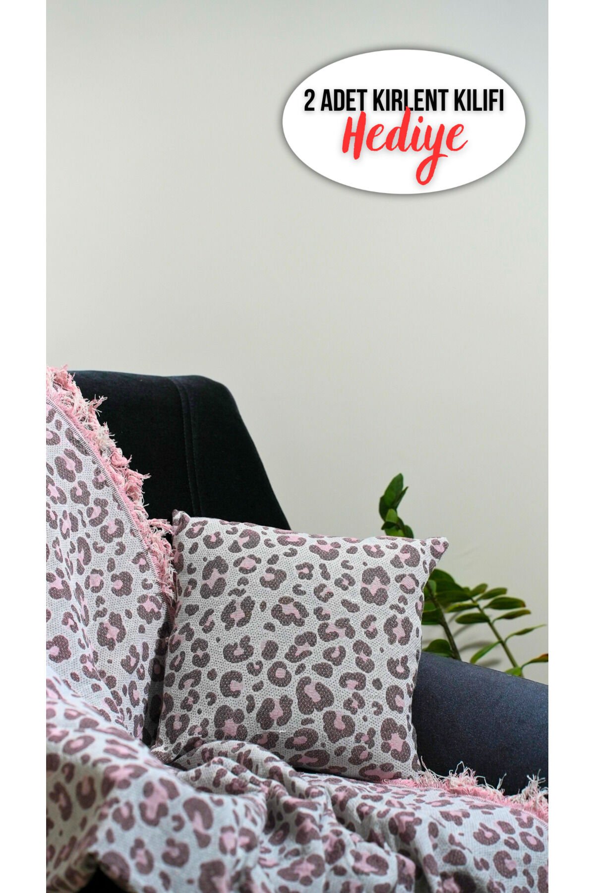 %100 Pamuklu Lüks Kaymaz Koltuk Örtüsü | Çok Amaçlı Örtü | 2 Adet 40x40 Cm Kırlent Kılıfı Pembe