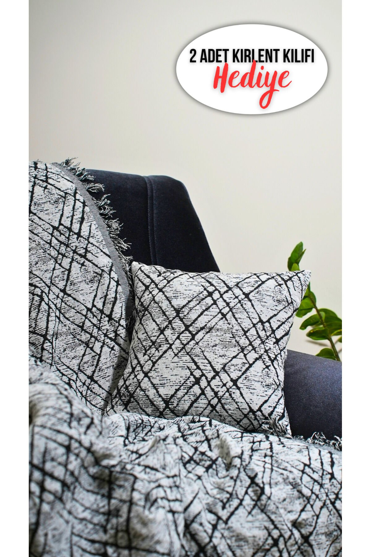 %100 Pamuklu Lüks Kaymaz Koltuk Örtüsü | Çok Amaçlı Örtü | 2 Adet 40x40 Cm Kırlent Kılıfı Siyah